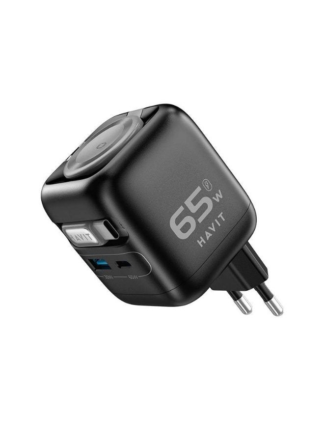 هافيت شاحن HAVIT UC252 GaN بقوة 65 وات – 3 في 1 مع كابل Type-C قابل للسحب وشاحن ساعة ذكية | شحن سريع PD لأجهزة iPhone وSamsung وMacBook - Image 2